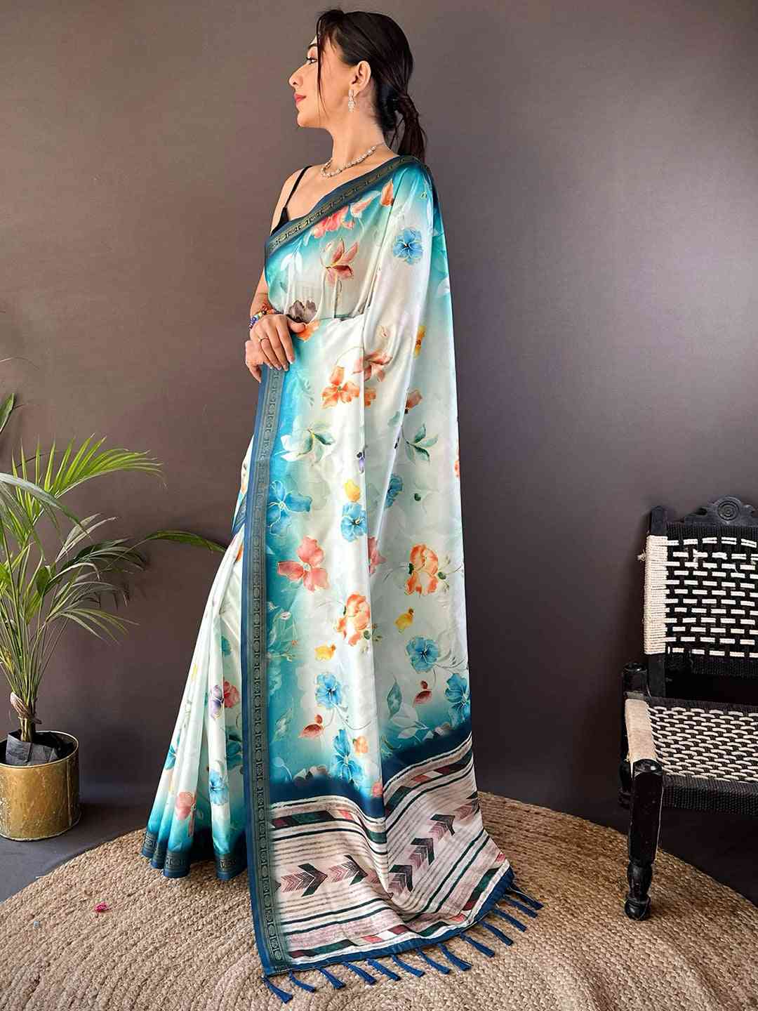 Powder Blue Floral Digital Print Silk Saree by My Store