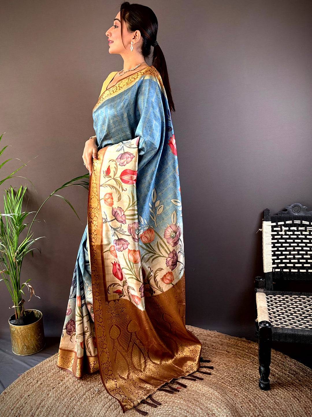 Sky Blue Ombre Floral Digital Print Saree by My Store