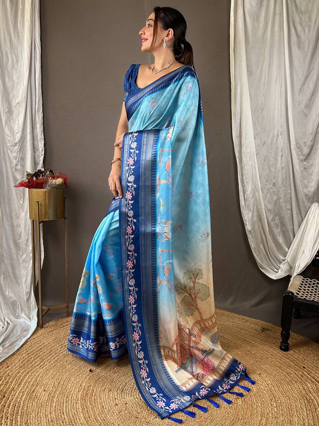 Powder Blue Kota Satin Border Saree by My Store