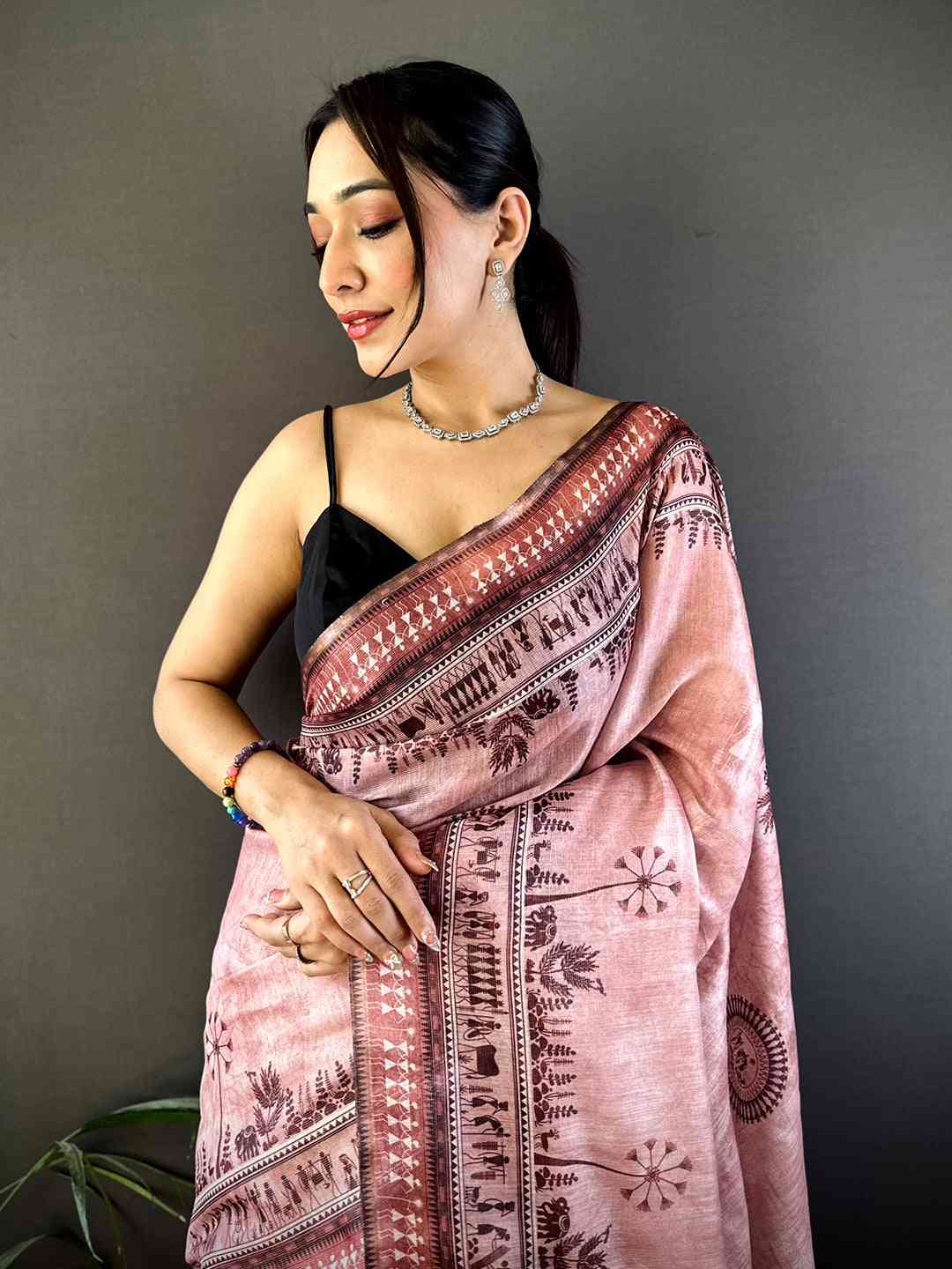 Dusty Rose Warli Print Tissue Chanderi Saree by My Store