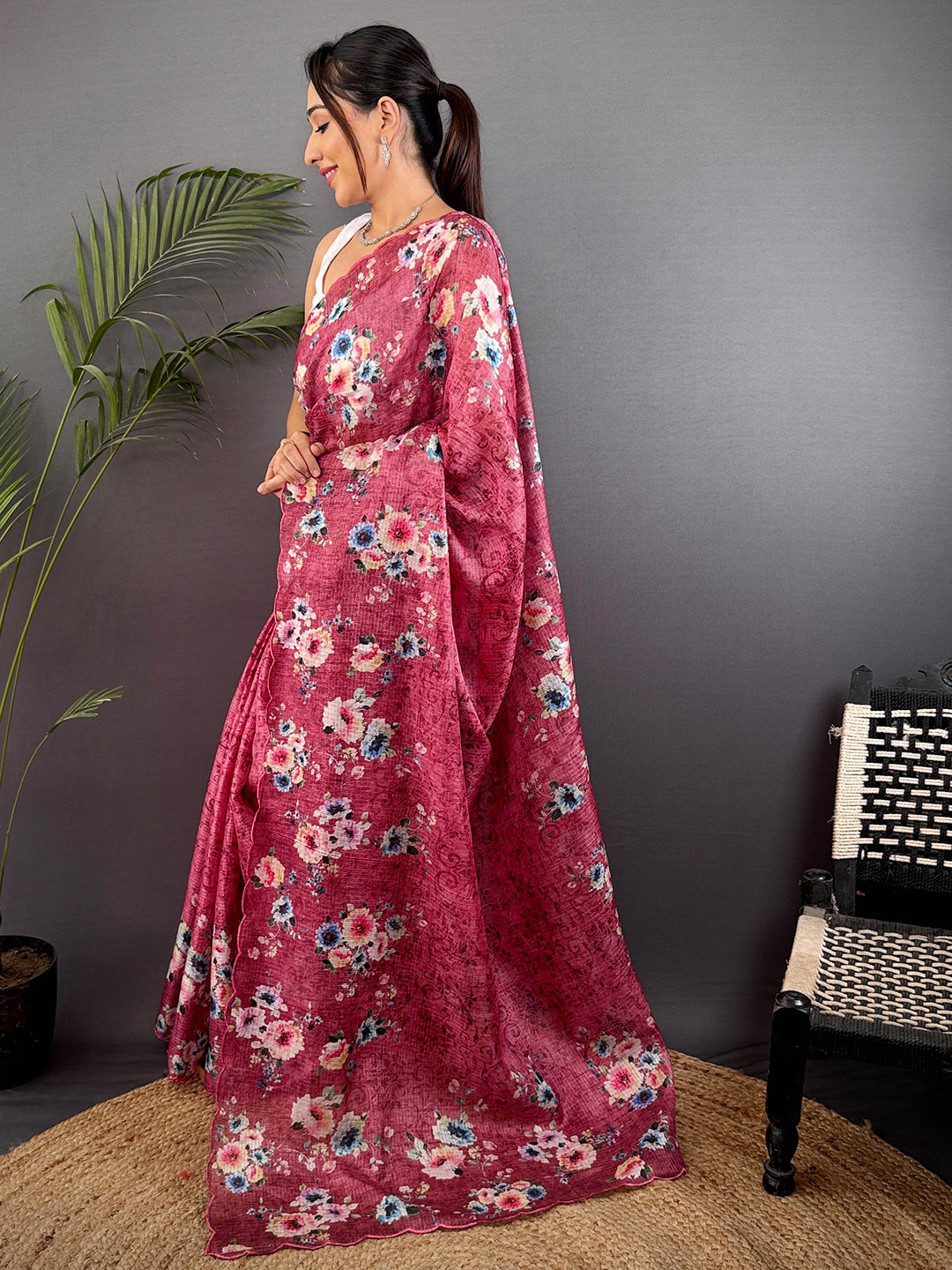 Rose Pink Kota Doriya Floral Cut Work Saree by My Store