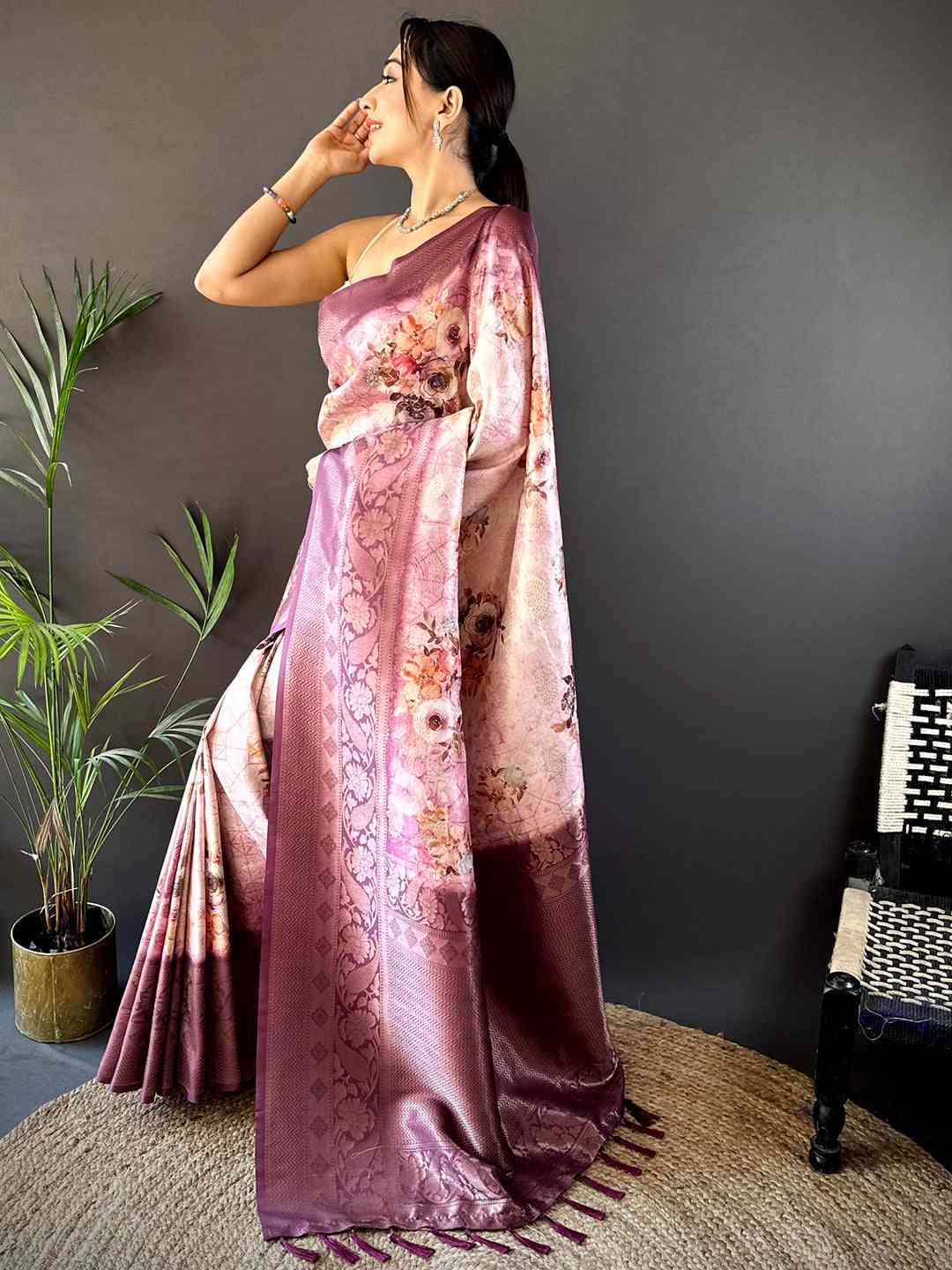 Mauve Kanjivaram Digital Silk Saree by My Store