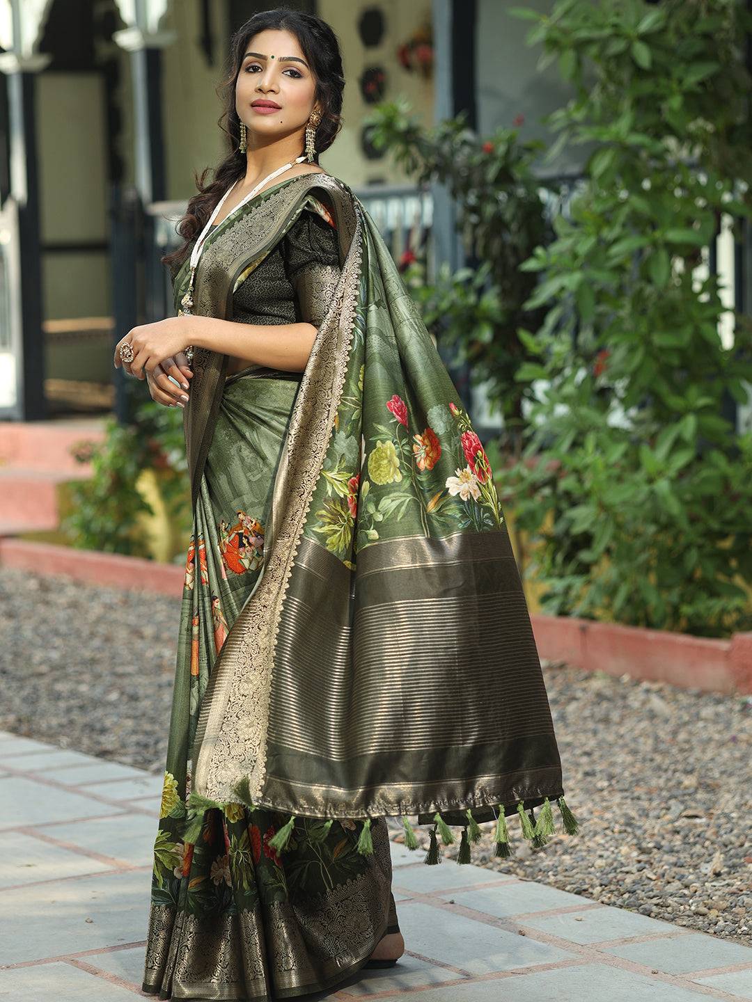 Dark Green Colour Pure Viscose Dola Silk Floral Print Saree - Luxe by My Store