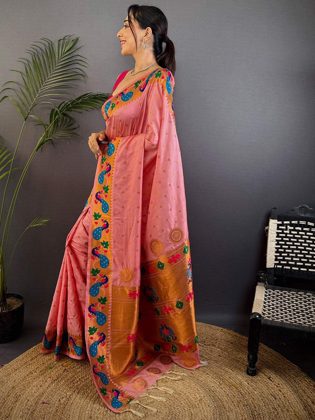 Peach Yeola Paithani Soft Silk Saree by My Store