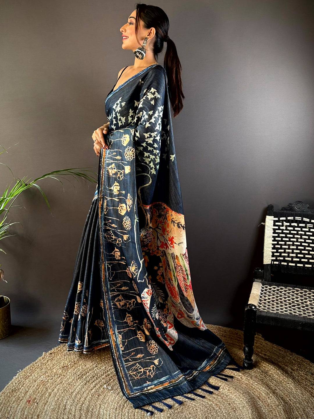 Deep Teal Monochromatic Botanical Print Saree by My Store