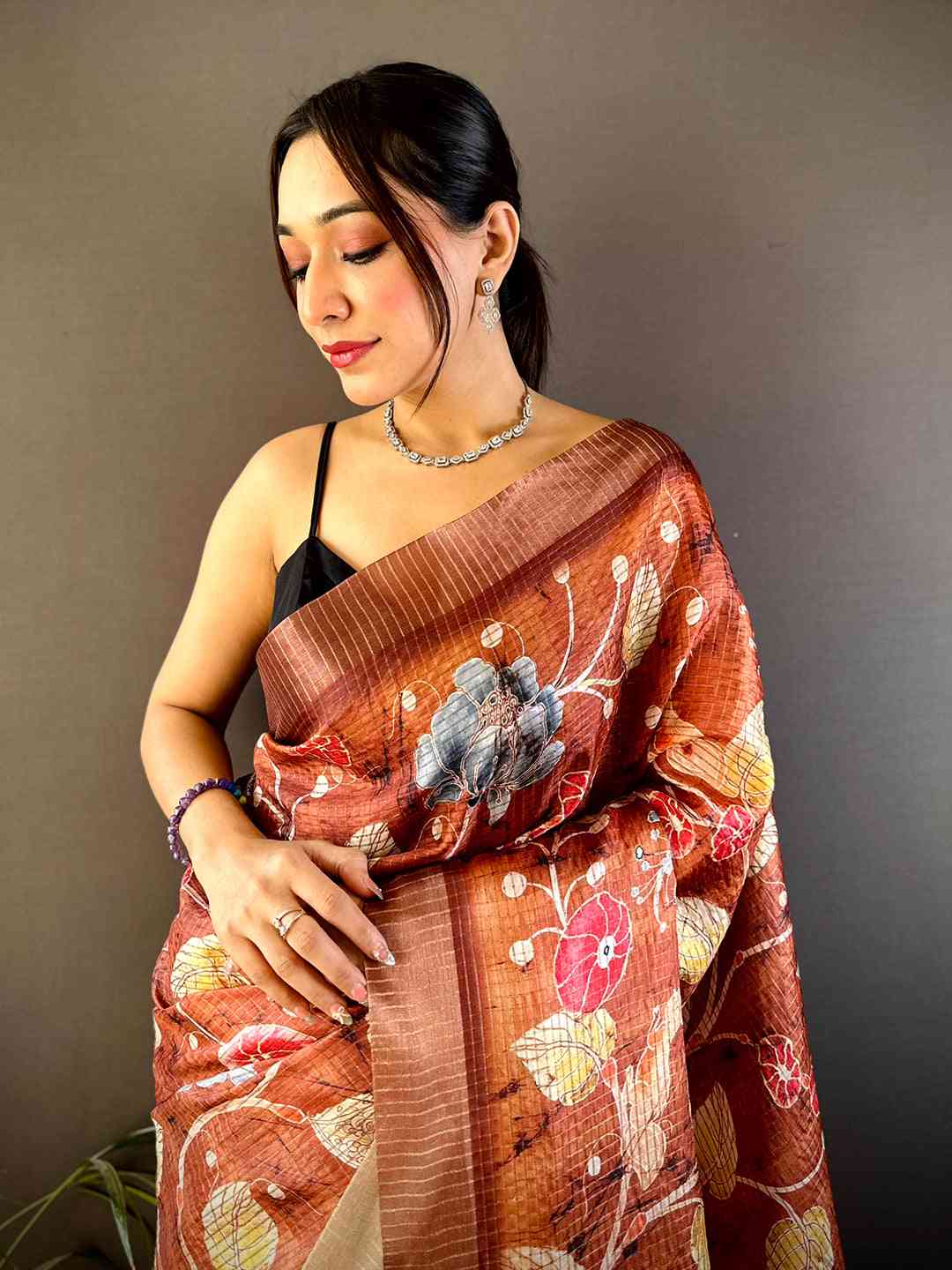 Brown Chex Kalamkari Floral Print Saree by My Store