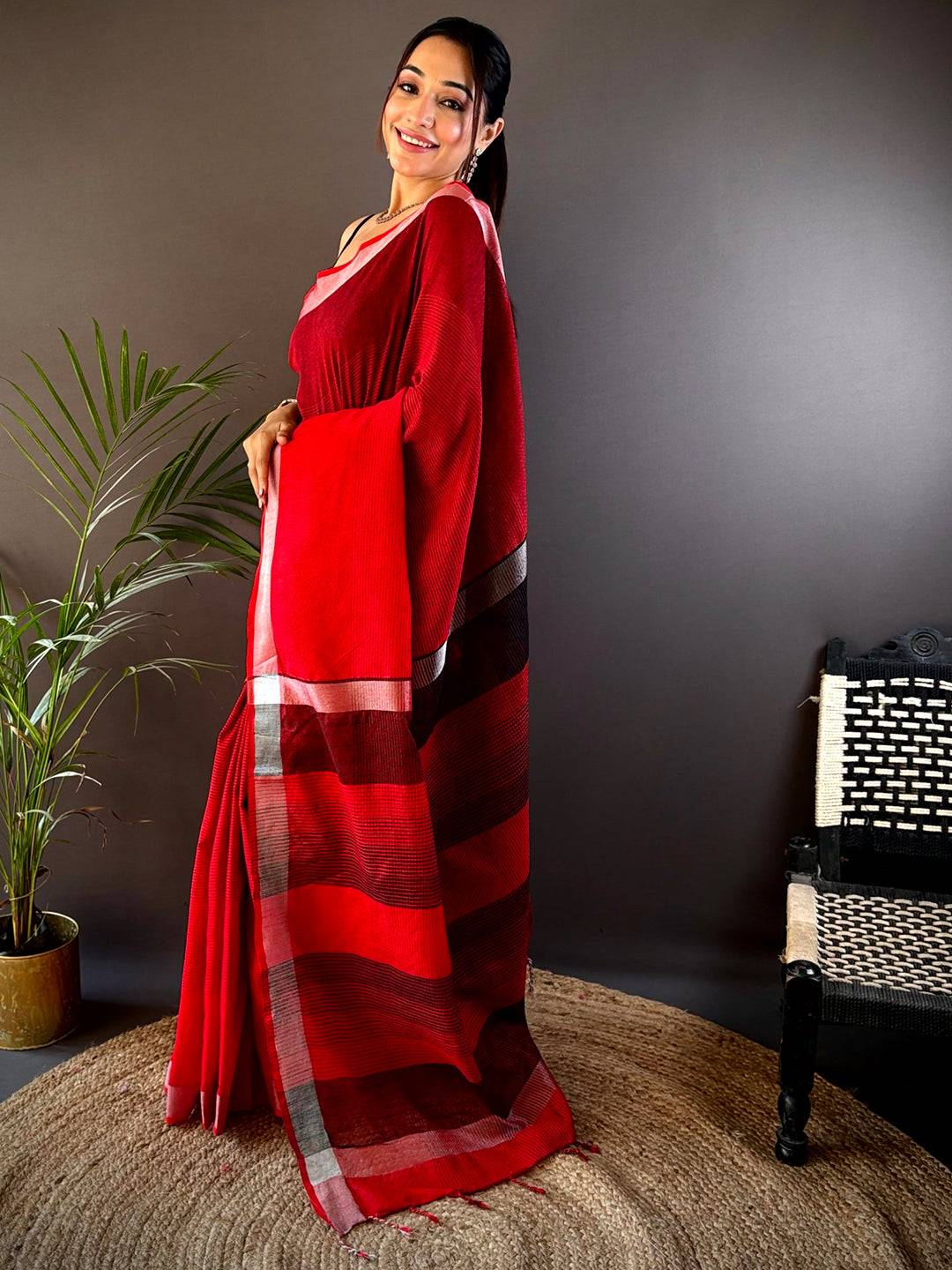 Red Stylish Linen Saree With Zari Border by My Store