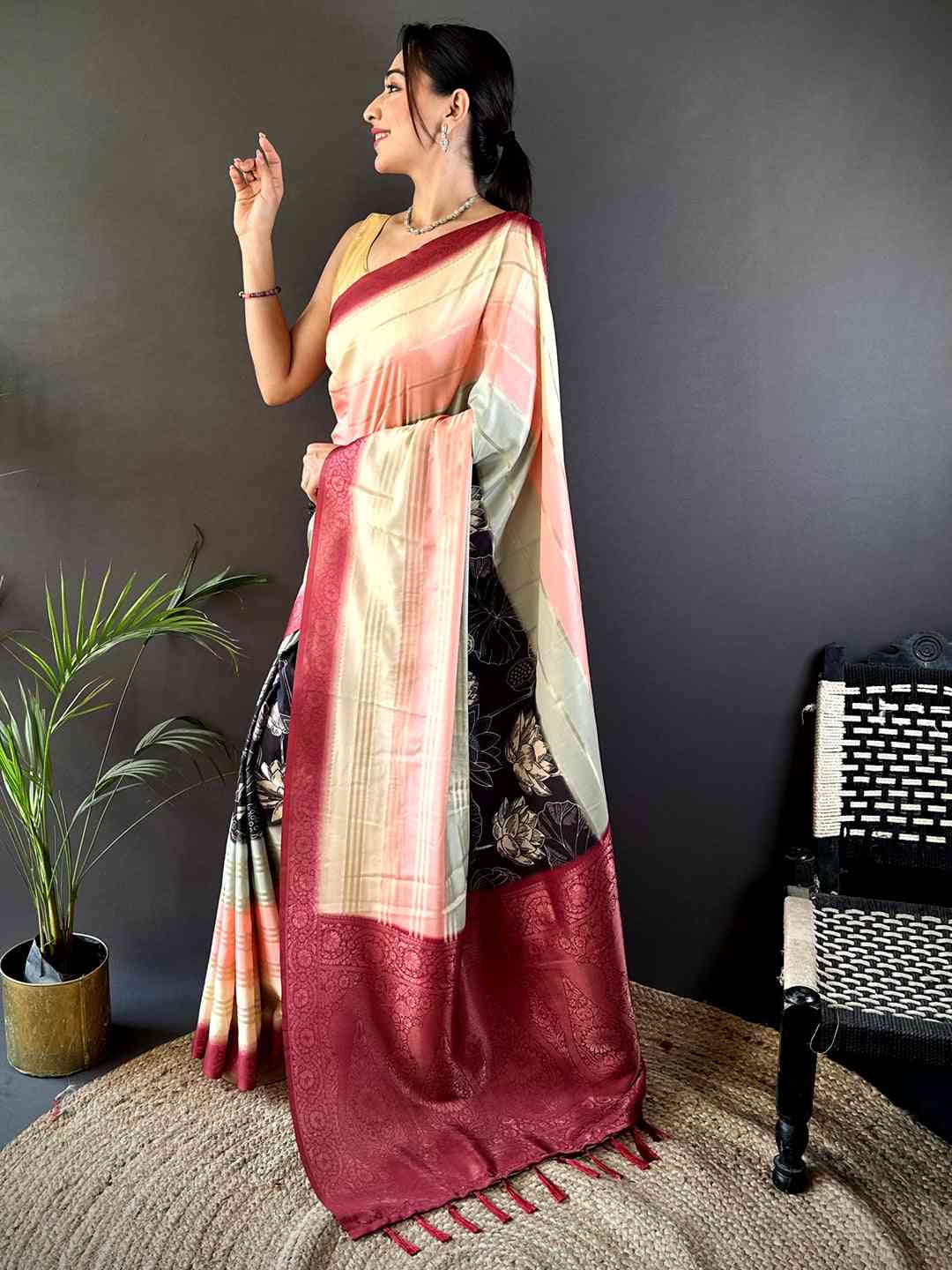 Cream Kalamkari Ombre Crepe Silk Saree by My Store