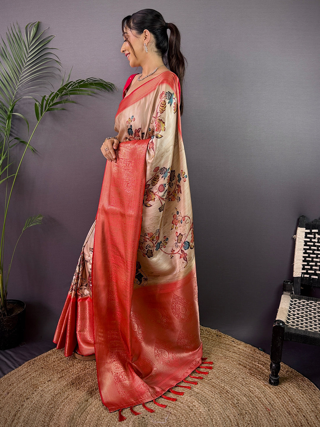 Beige Cherry Satin Kalamkari Saree