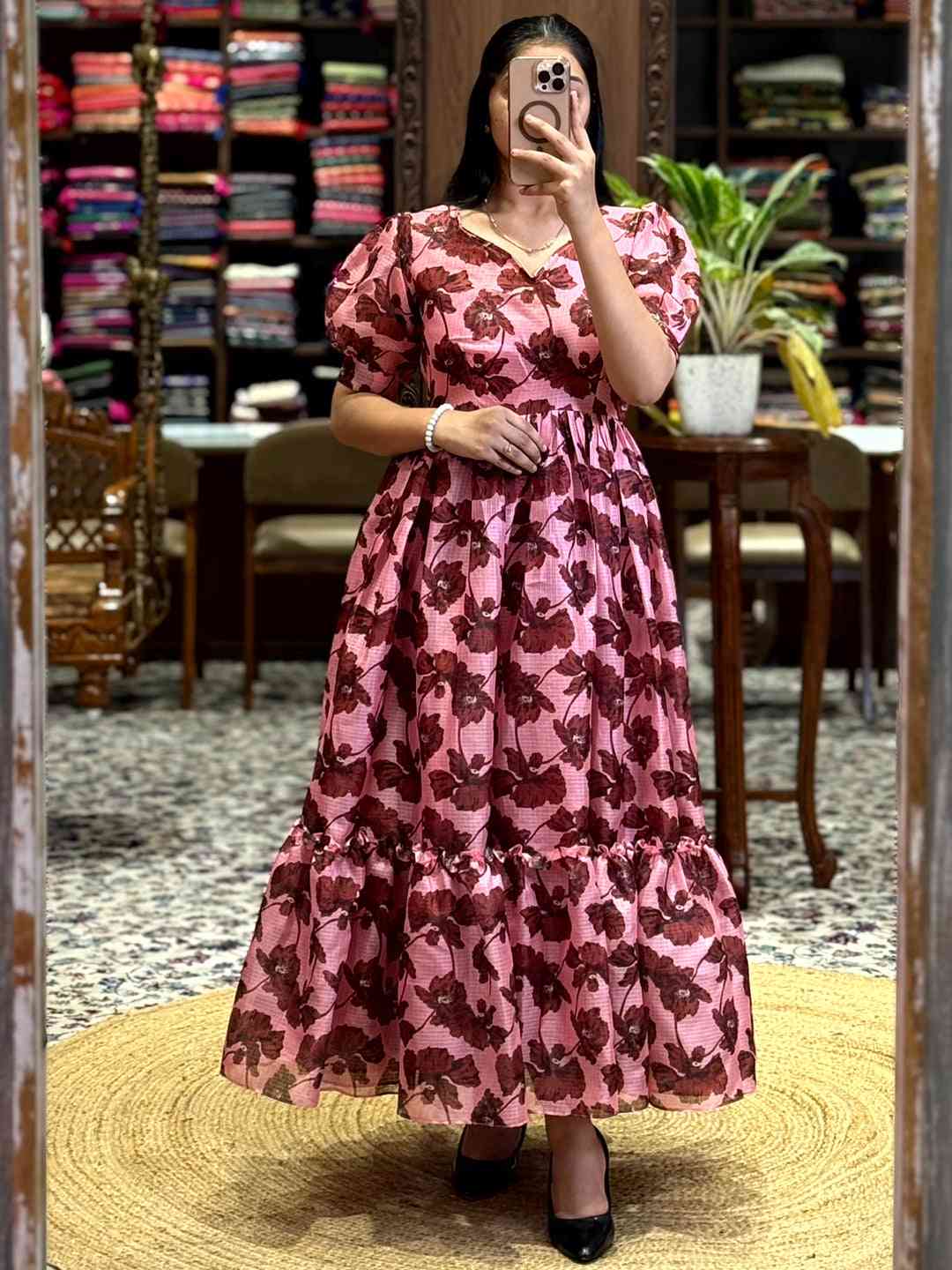 Baby Pink Floral Print Midi Dress