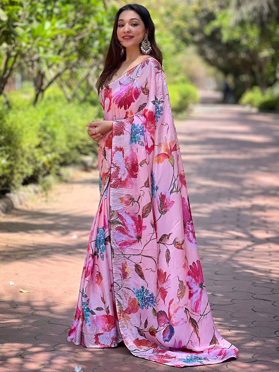 Satin Georgette Peach Floral Digital Print Saree by My Store