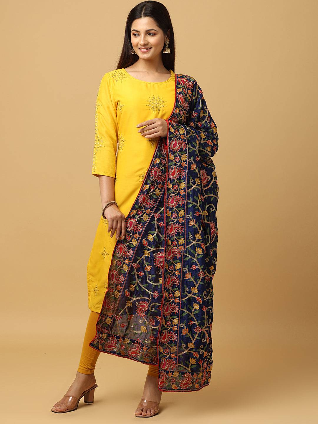 Beautiful Navy Poly Chiffon Pashmina Threadwork Dupatta