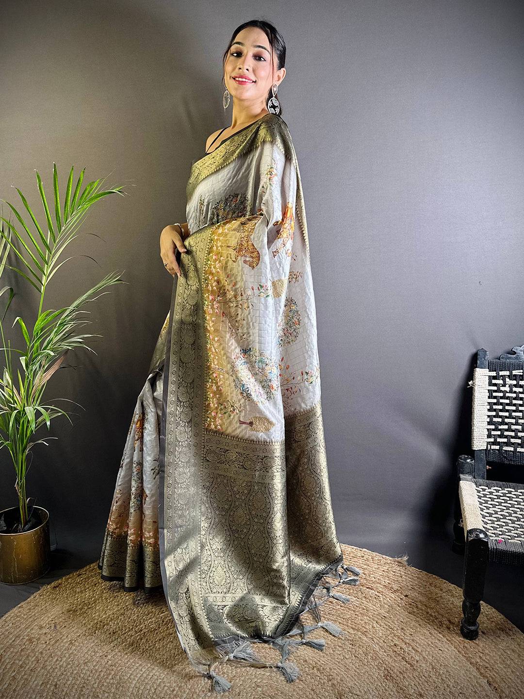 Grey Chex Radiance Banarasi Silk Saree