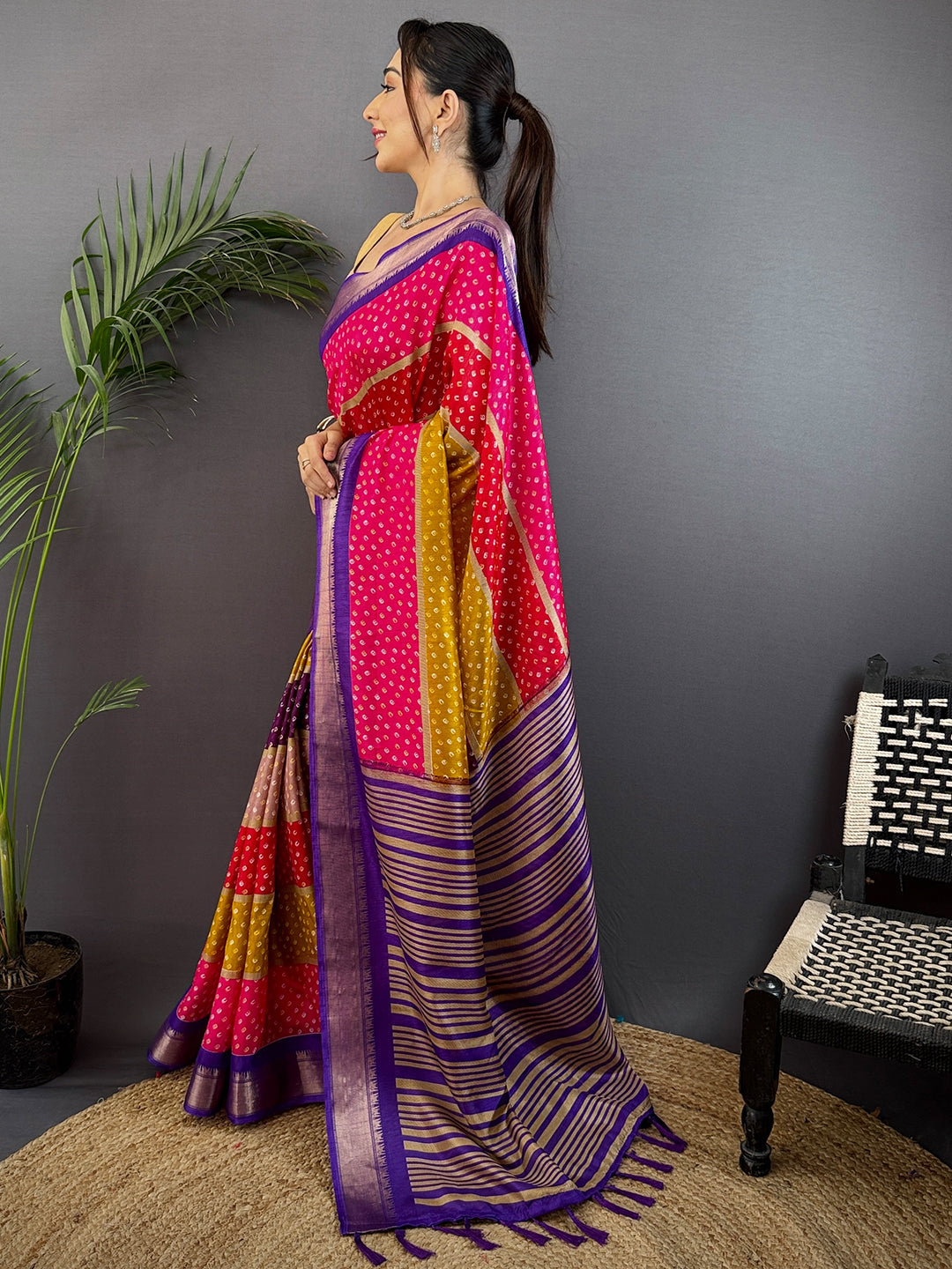 Purple Soft Dola Bandhej Print Saree by My Store
