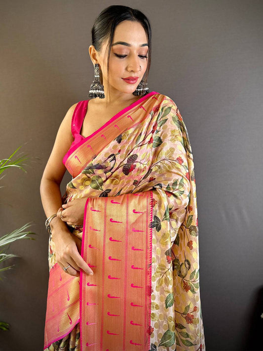 Pastel Cream Paithani Kora Silk Saree by My Store