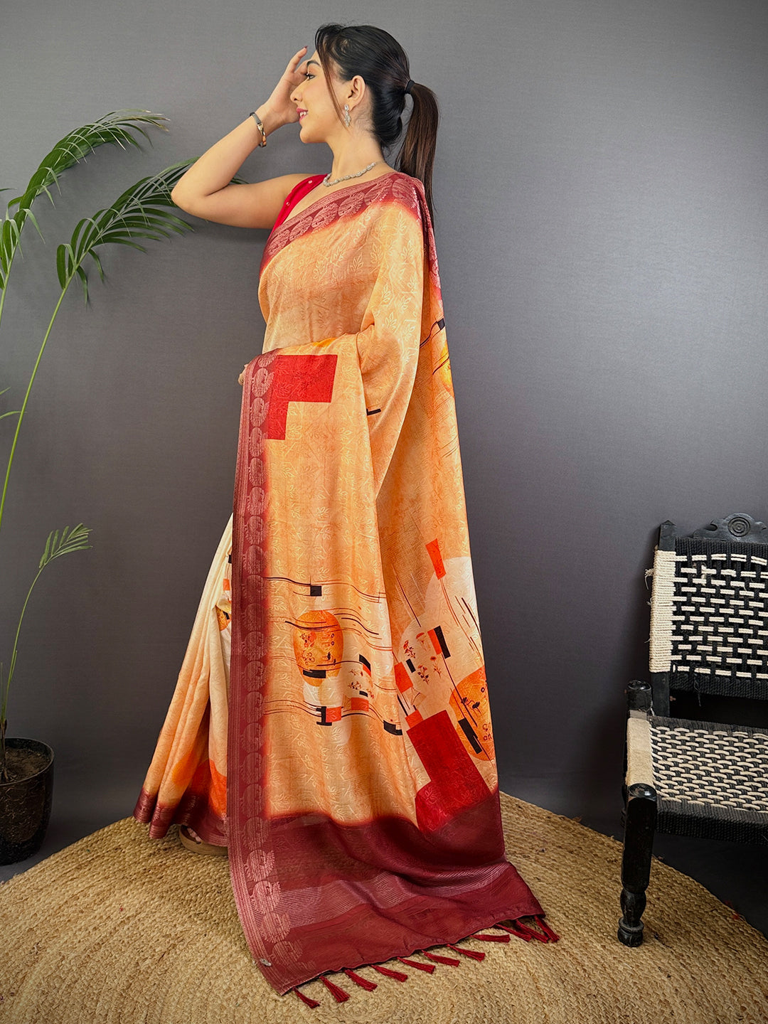 Ochre Digital Print Soft Dola Silk Saree by My Store