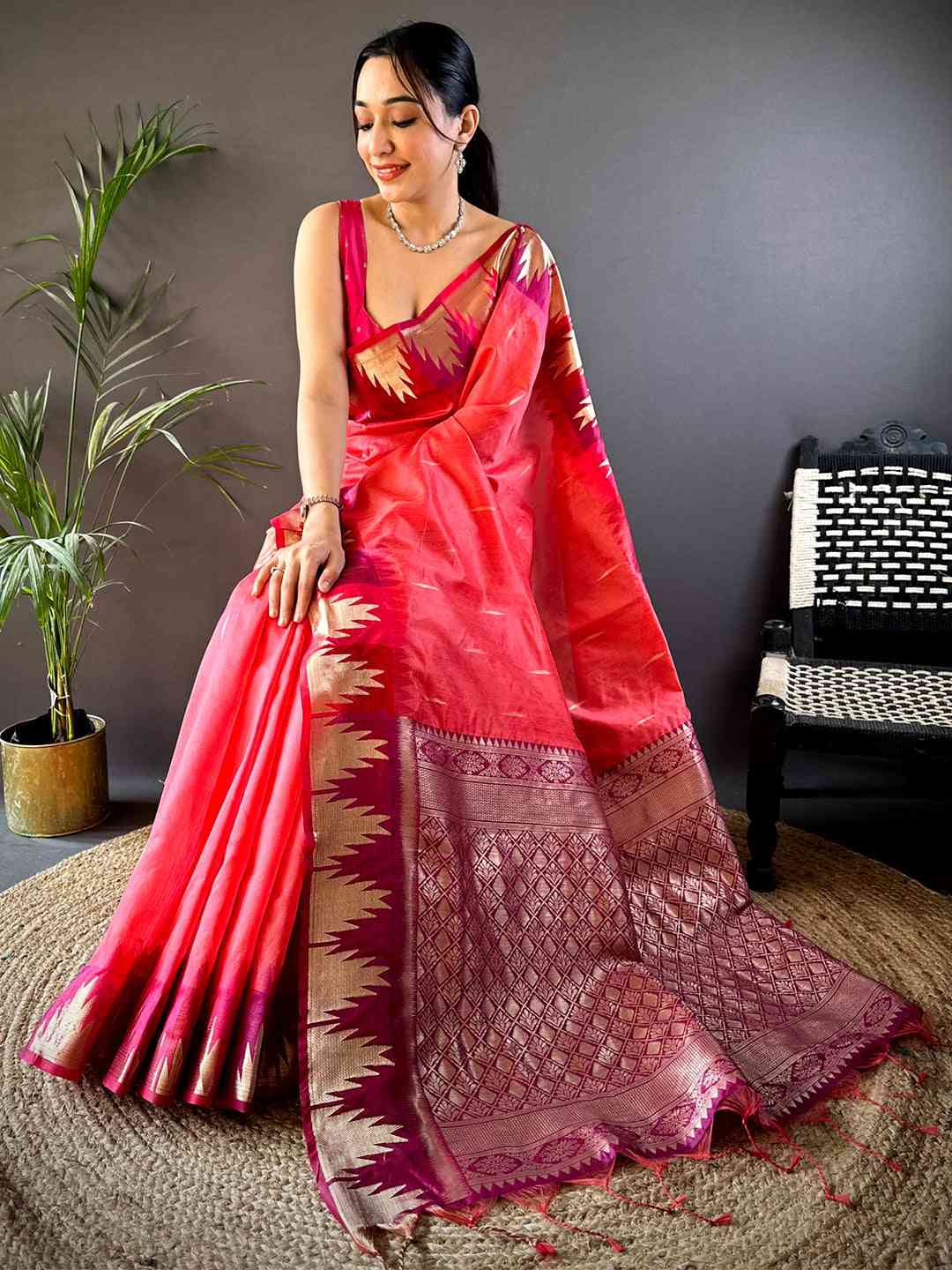 Peach Banarasi Raw Silk Ikkat Saree by My Store