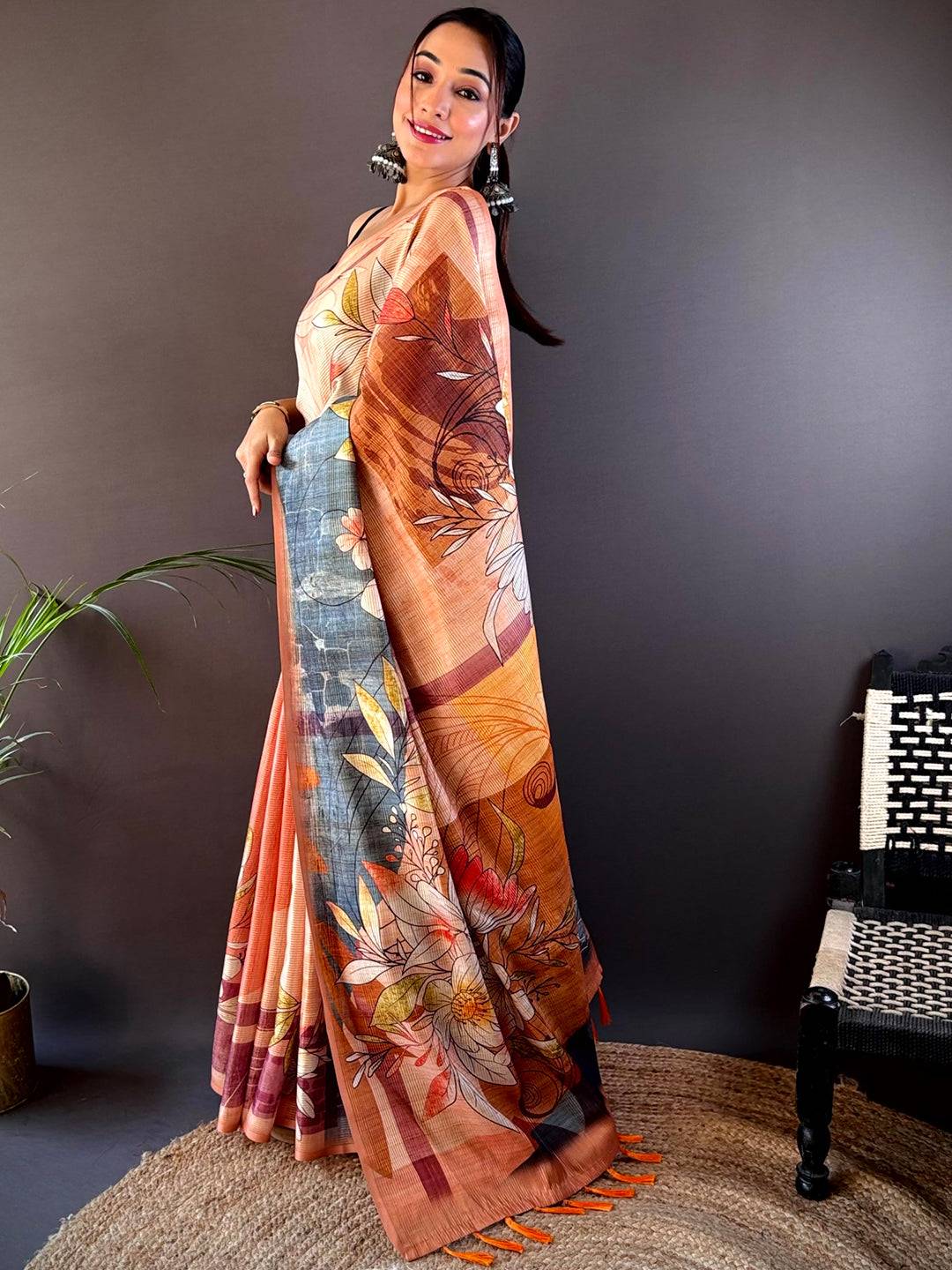 Light Orange Semi Zari Tussar Floral Saree by My Store
