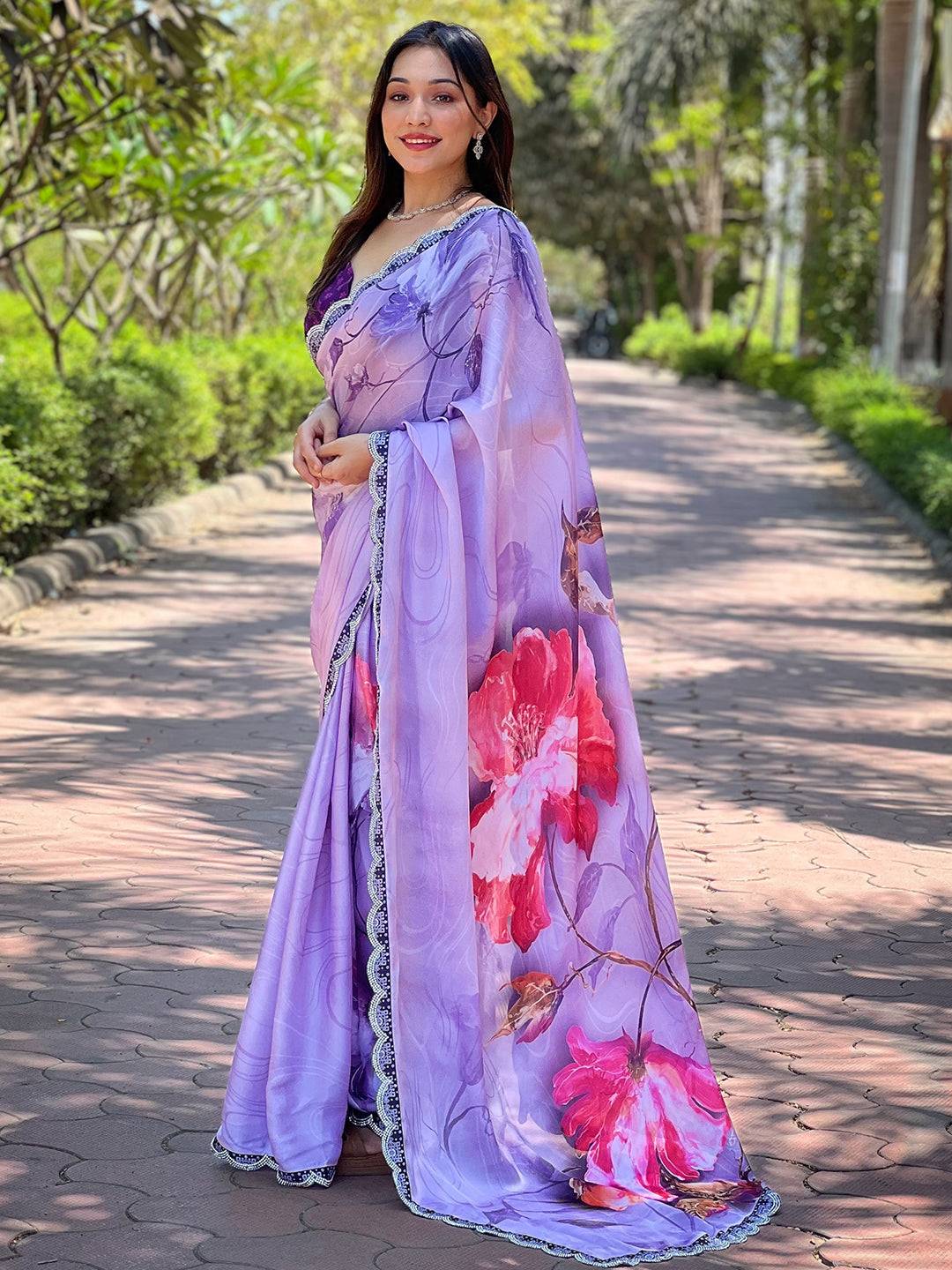 Purple Satin Georgette Floral Print Saree by My Store