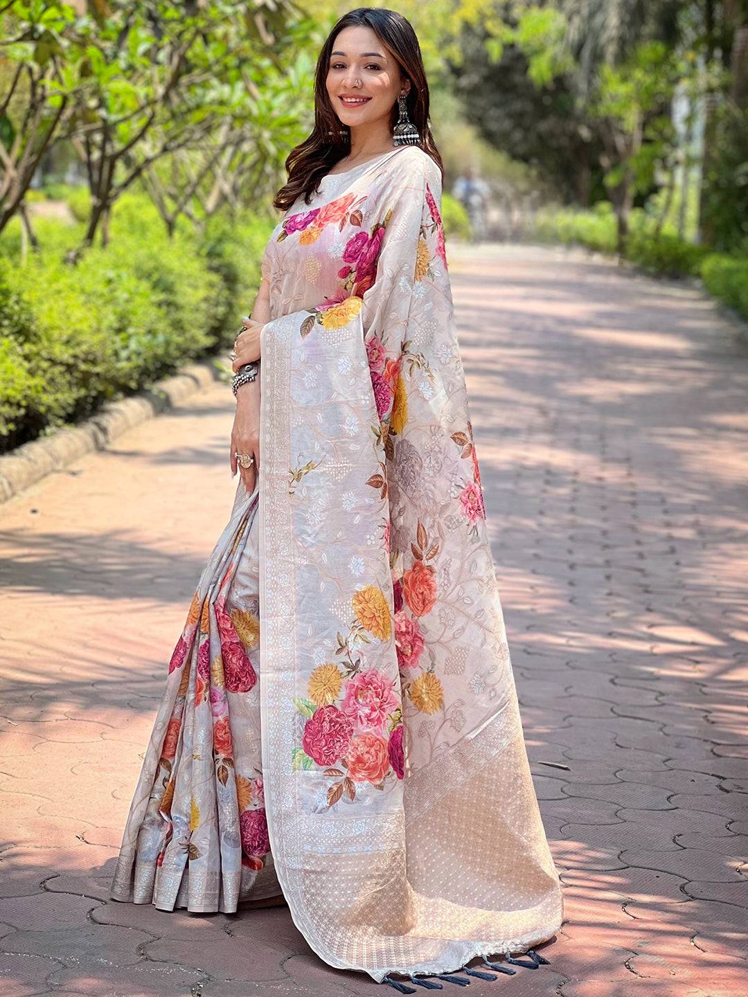 Grey Lakhnavi Bandla Zari Weaving Saree by My Store