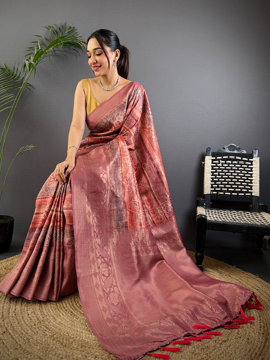Rust Red Kanjivaram Silk Digital Print Saree by My Store