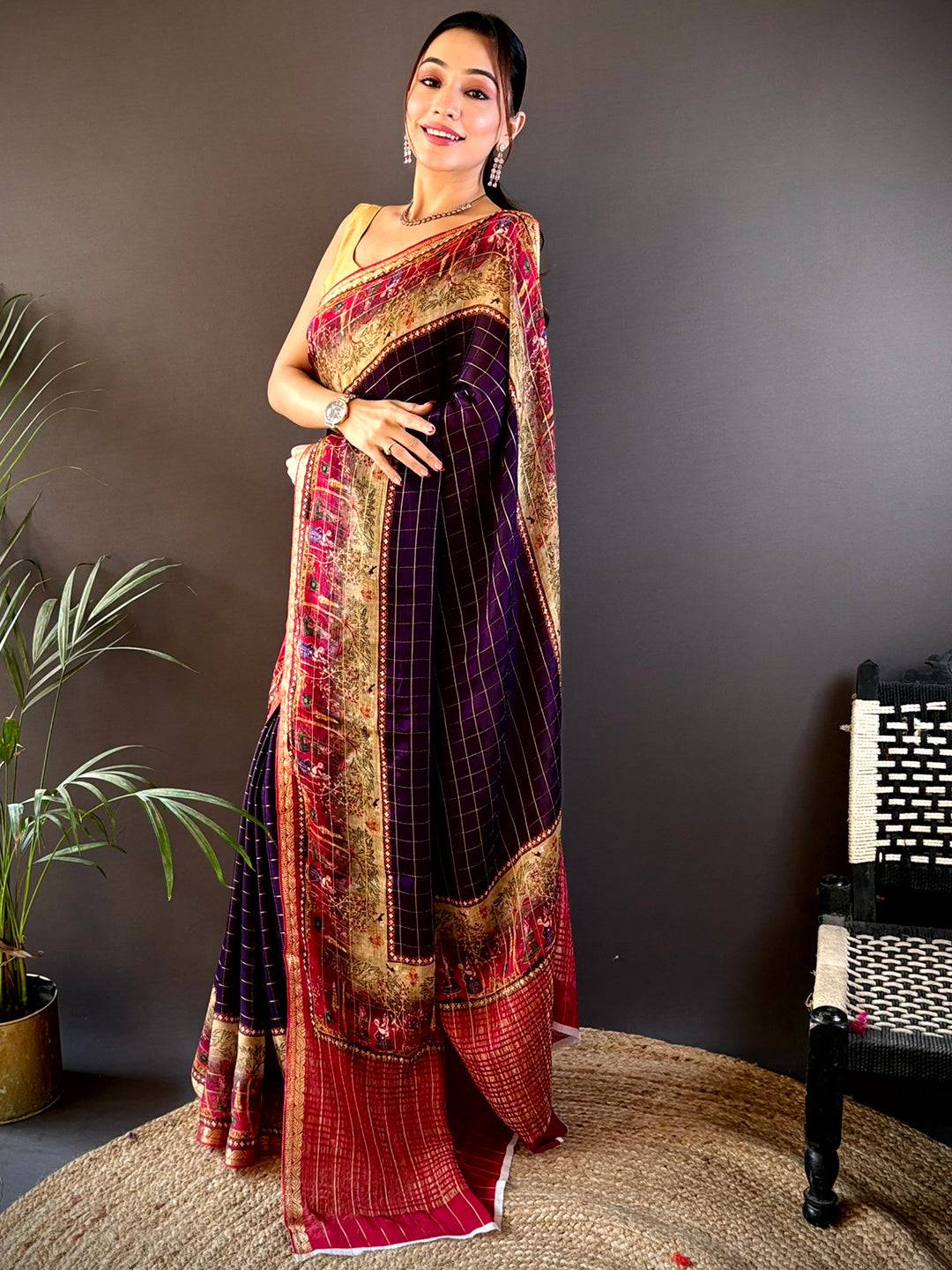 Indigo Chinnon Chiffon Kalamkari Saree by My Store