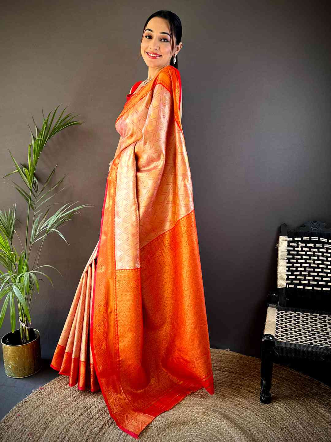 Red Golden Geometrics With Floral Elegance Saree by My Store