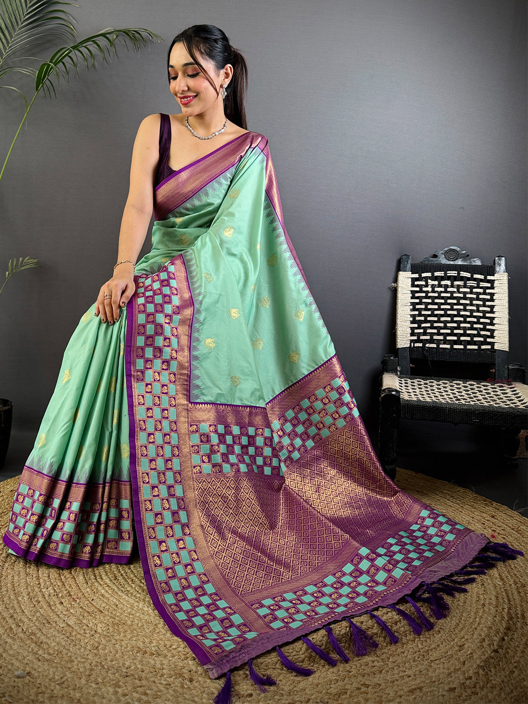 Royal Minakari Chess Border Soft Silk Saree by My Store
