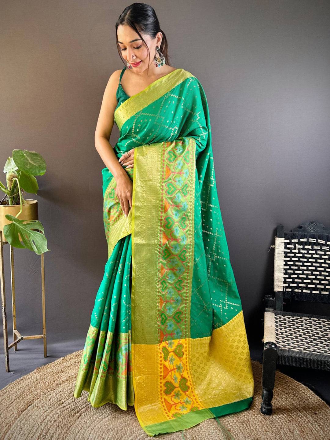 Green Katan Silk Ikkat Saree by My Store