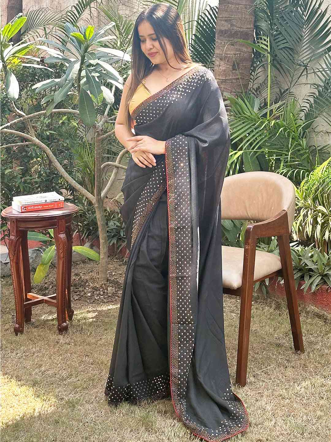 Black colour Vichitra Silk Saree With Embellish Swarovski Stone work