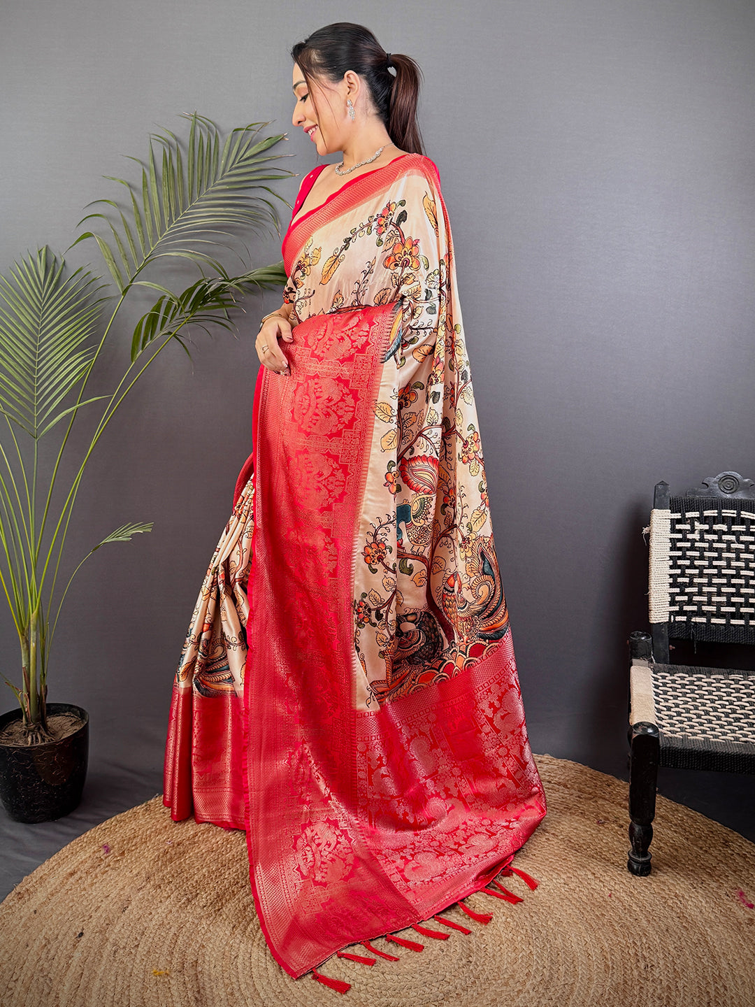 Beige Kalamkari Printed Soft Satin Saree