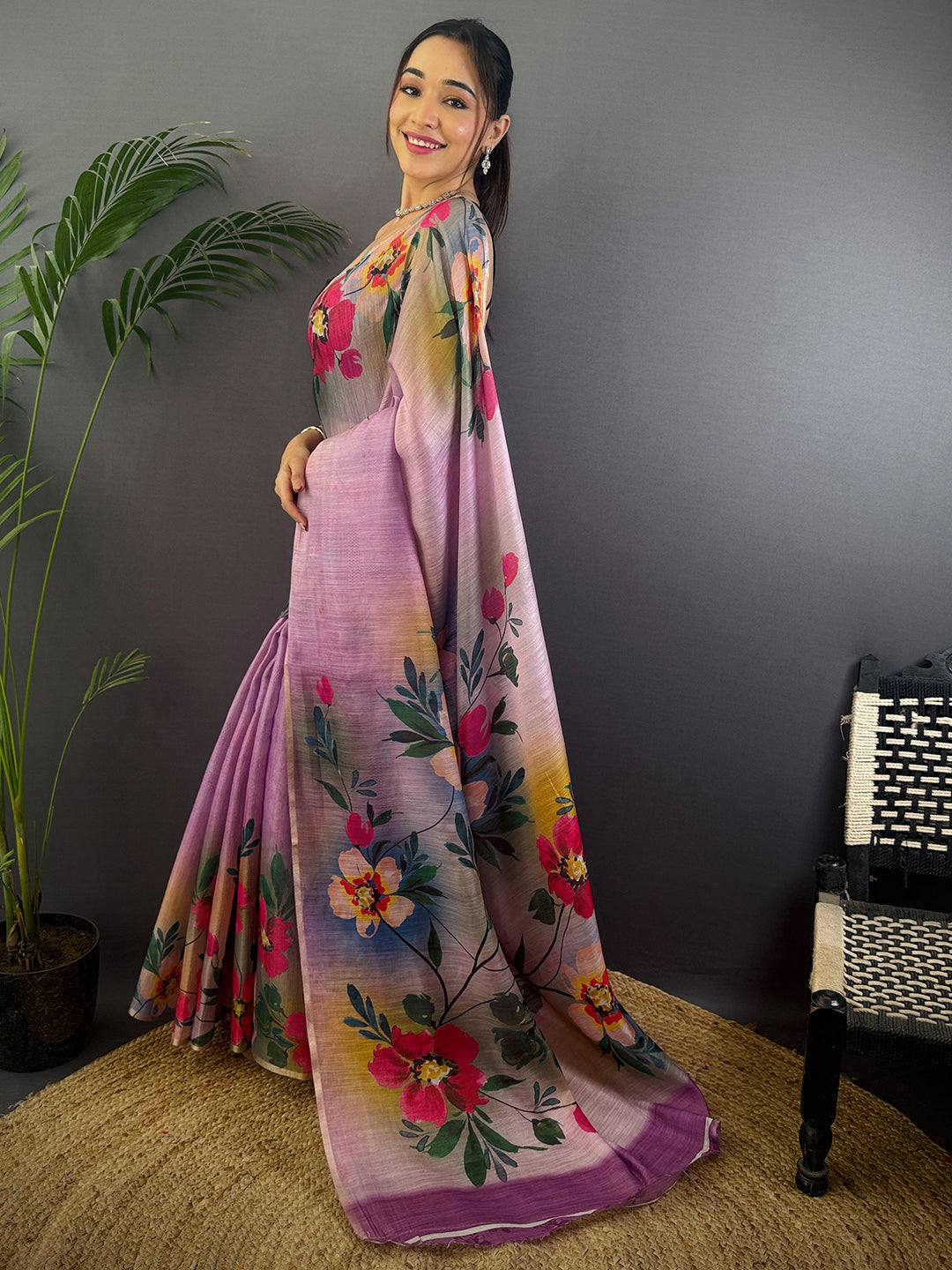 Purple Linen Chanderi Floral Print Saree by My Store