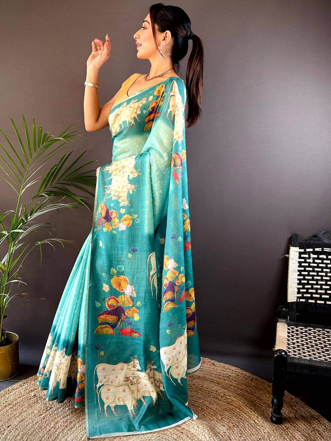 Sky Blue Chanderi Pichwai Print Saree by My Store
