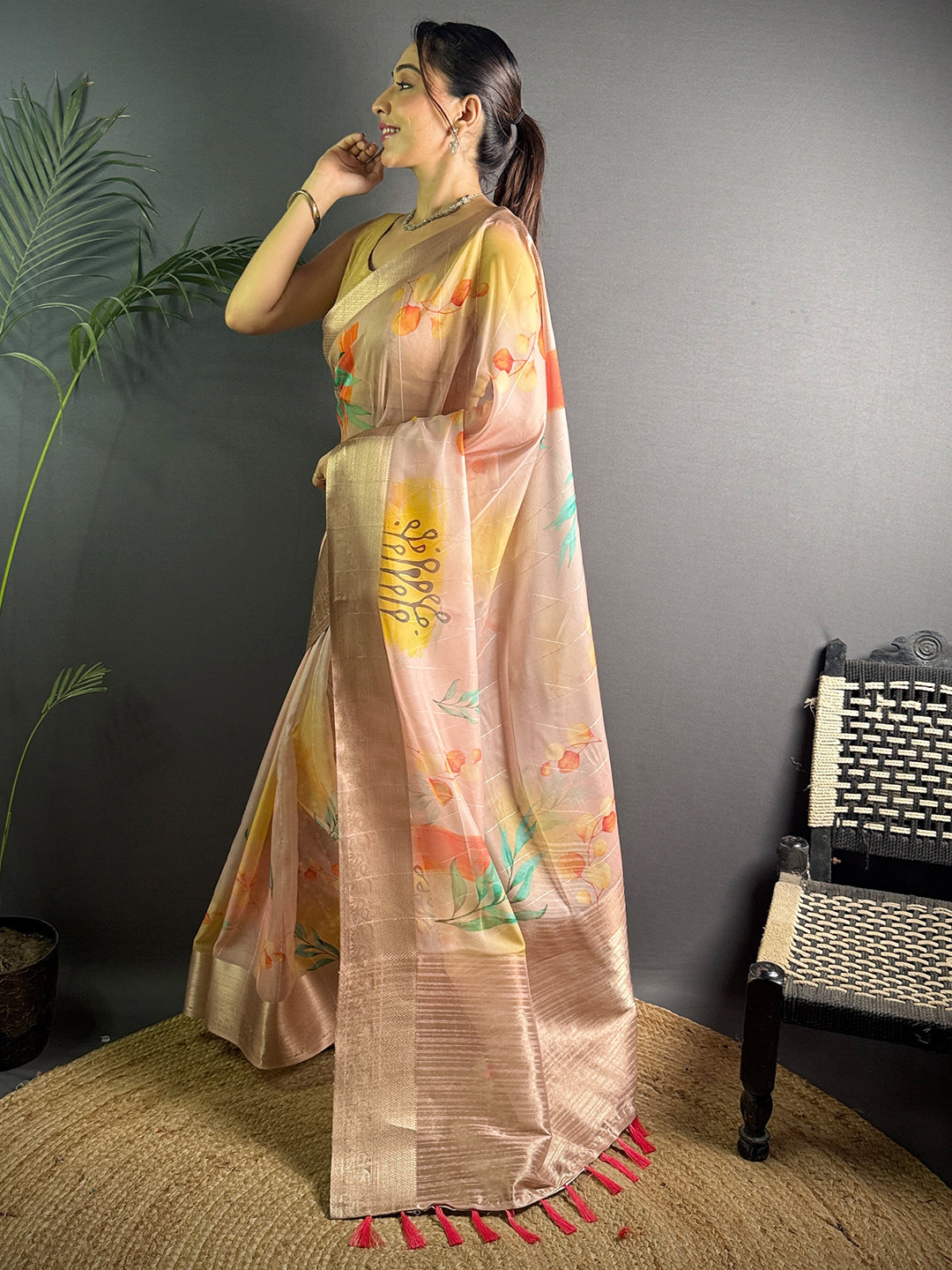 Blush Pink Soft Organza Silk Floral Saree by My Store