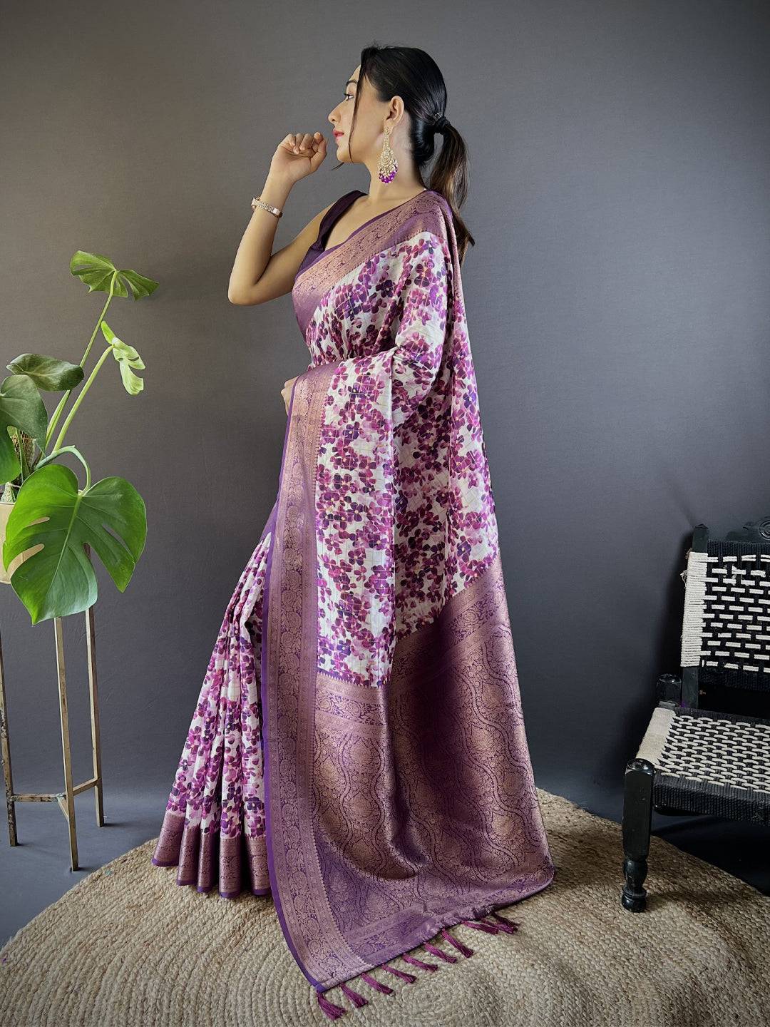 Radiant in Wine Floral Print Saree by My Store