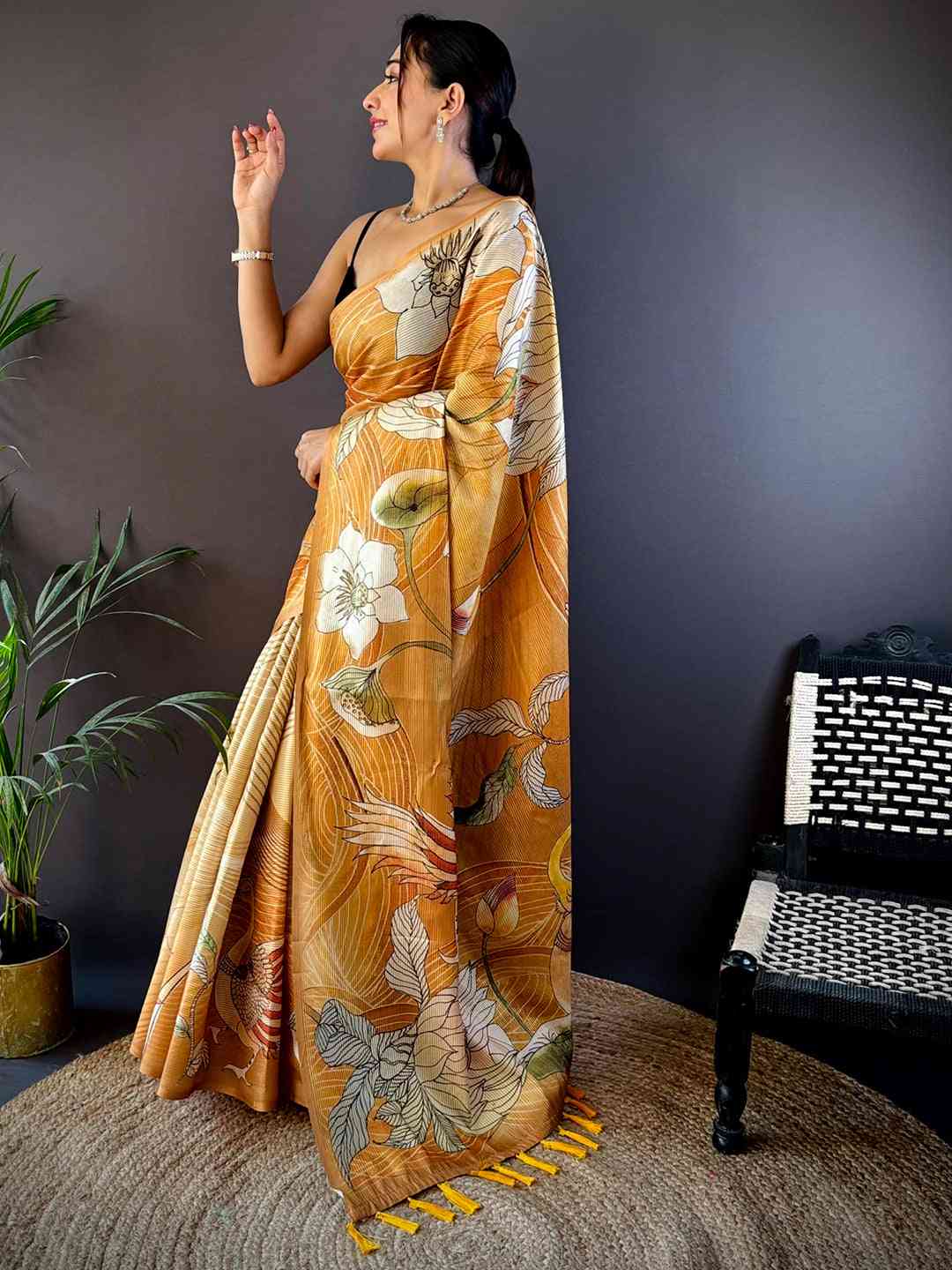 Honey Yellow Semi Zari Tussar Botanical Saree by My Store