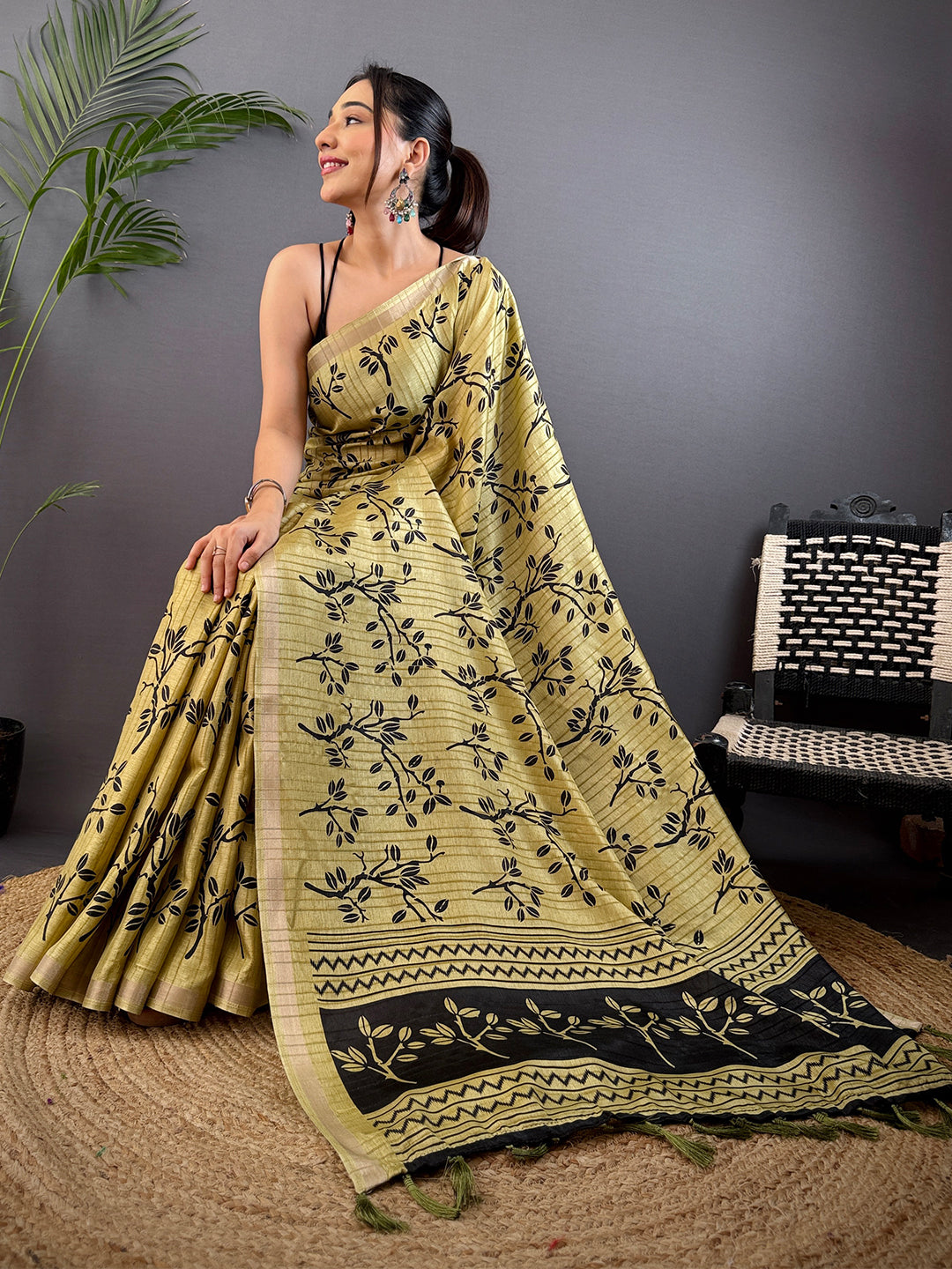Mustard Yellow Ghicha Leaf Print Saree by My Store