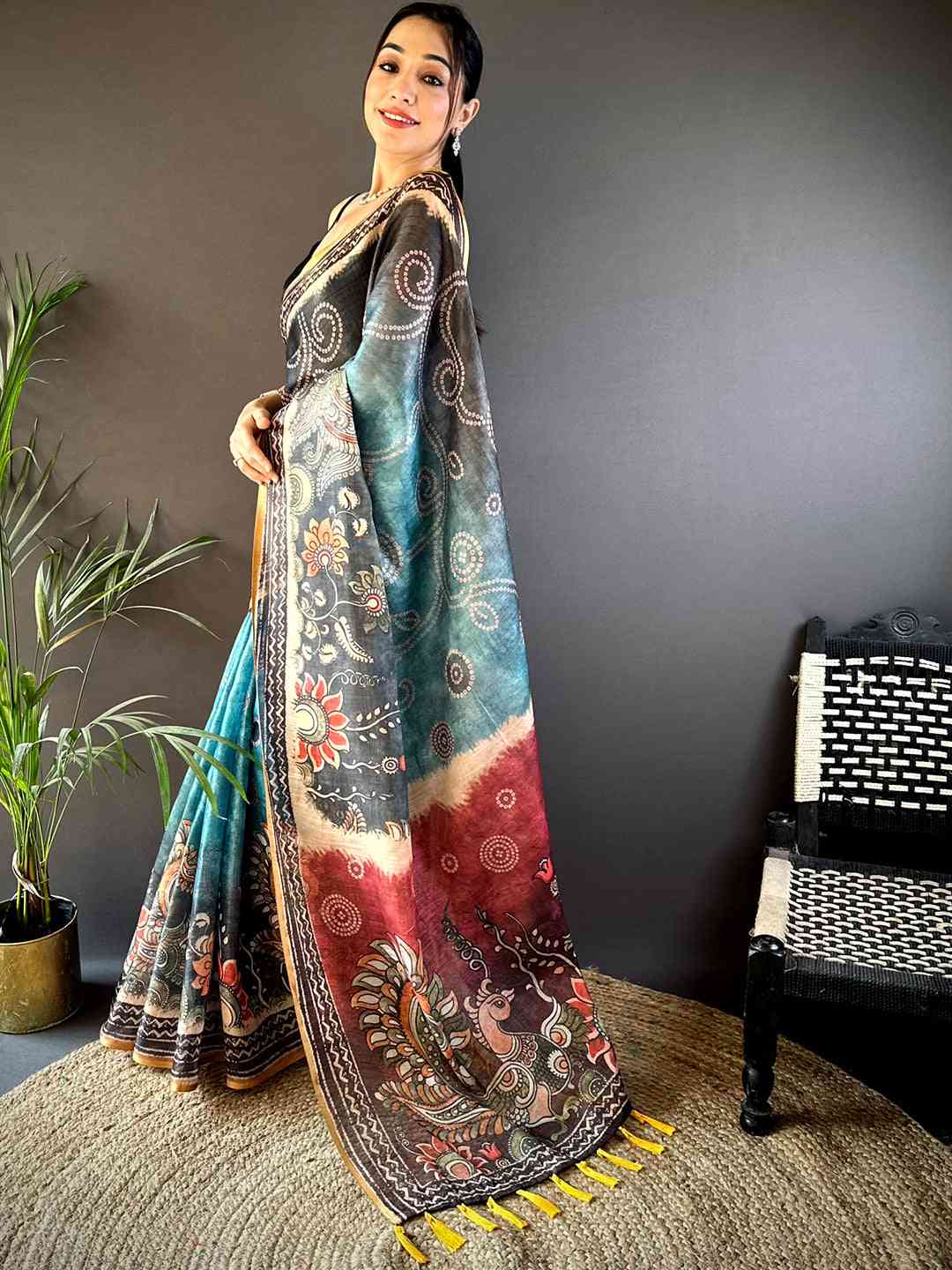 Steel Blue Kalamkari Bandhani Chanderi Saree by My Store