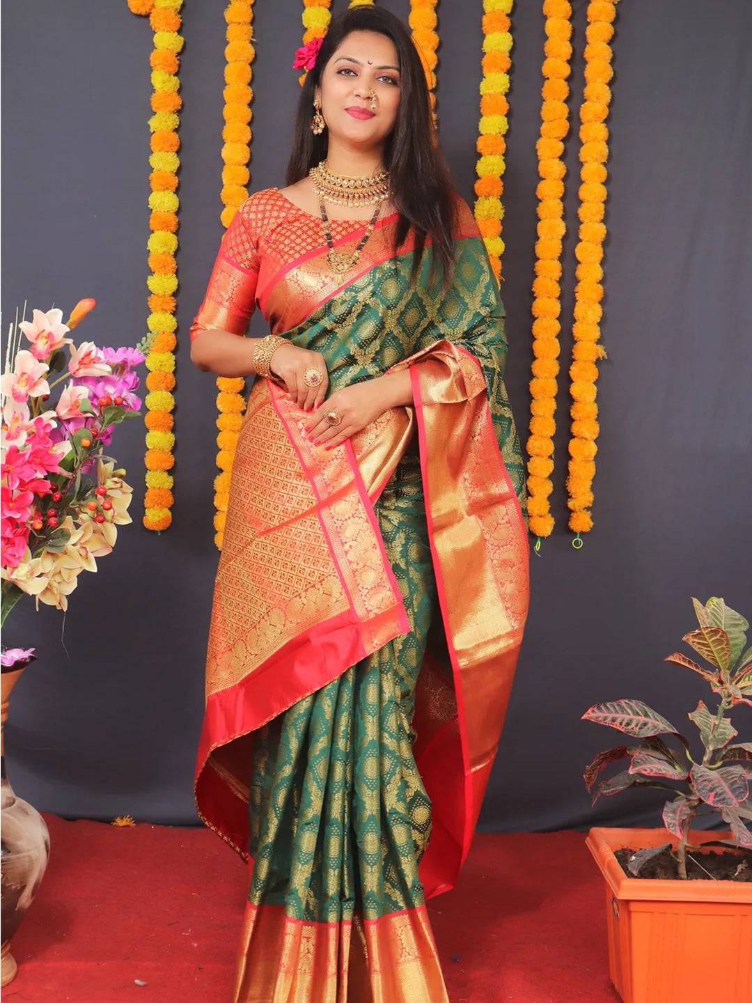 Green Banarasi Brocade Saree by My Store