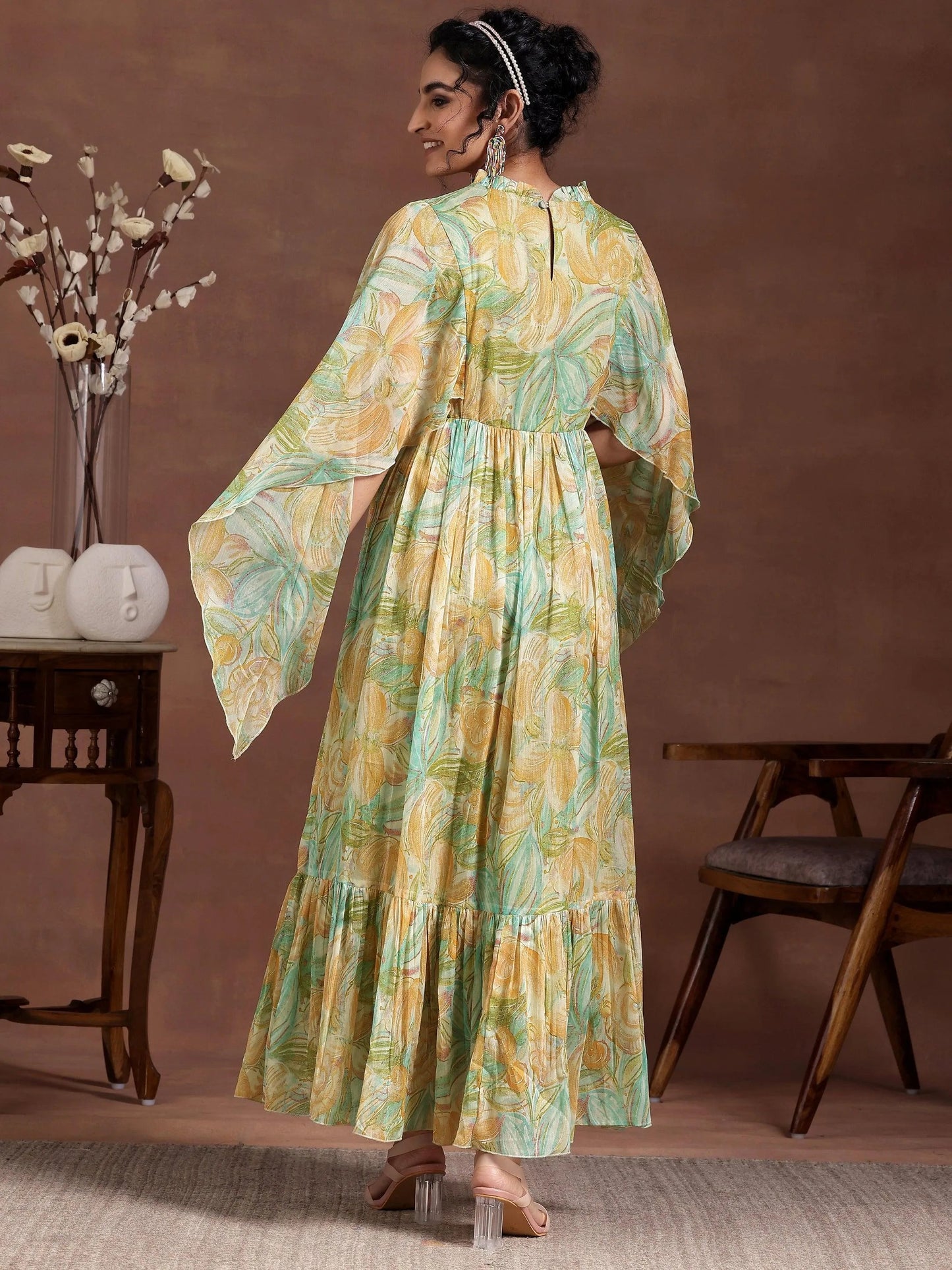 Green Printed Chiffon A-Line Dress by My Store