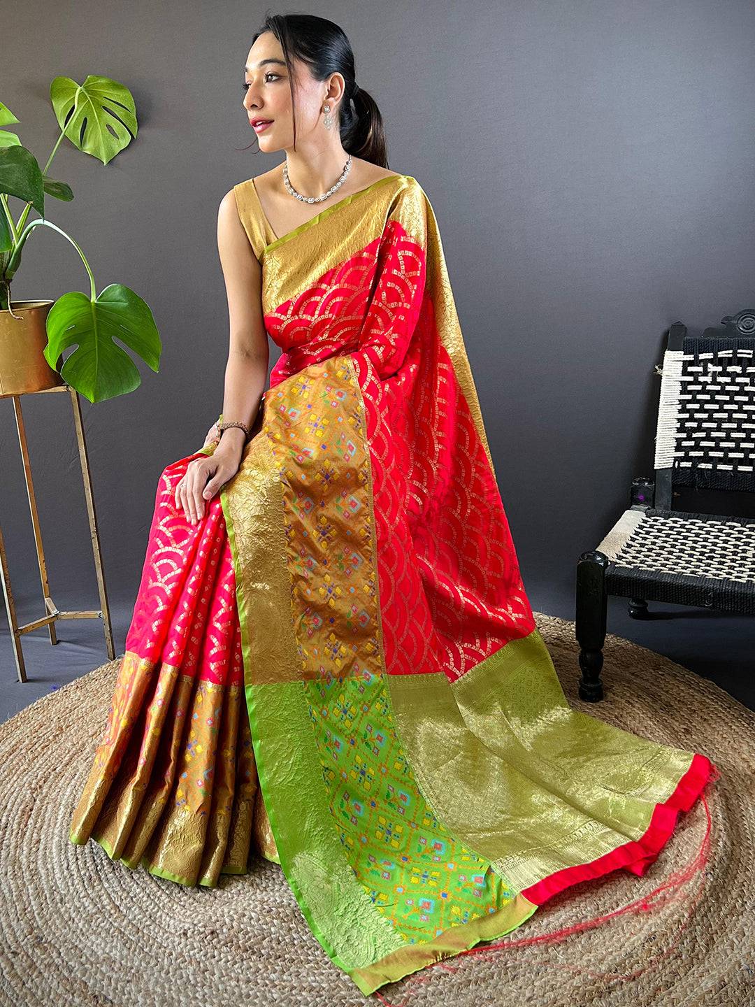 Red Katan Silk Ikkat Saree