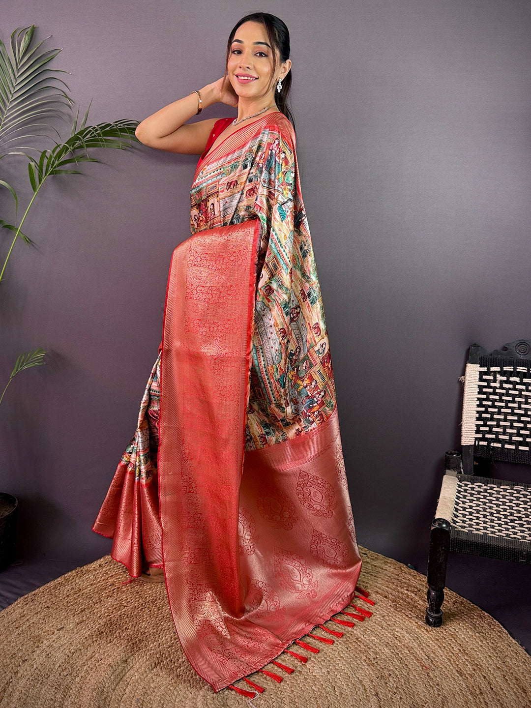 Multi Cherry Satin Kalamkari Saree by My Store