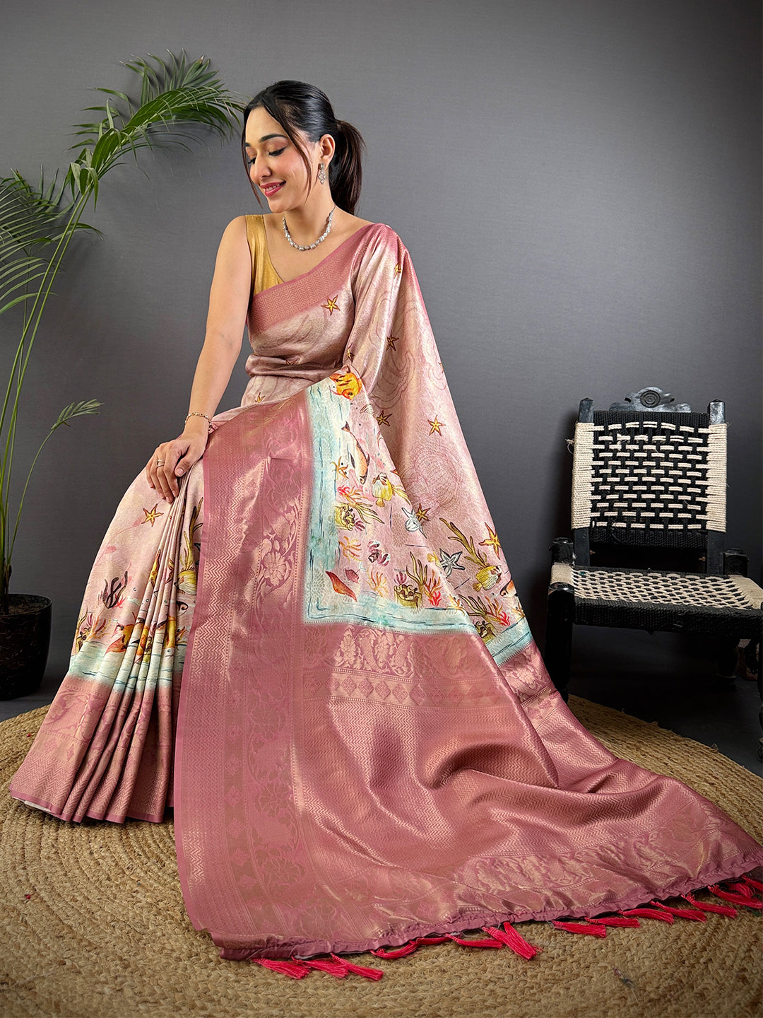 Rust Pink Kanjivaram Silk Digital Print Saree by My Store