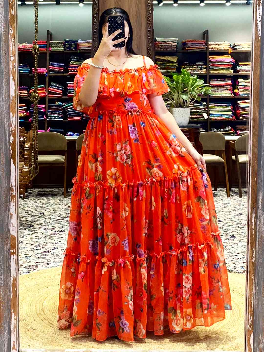 Sunny Orange Georgette Floral Dress by My Store