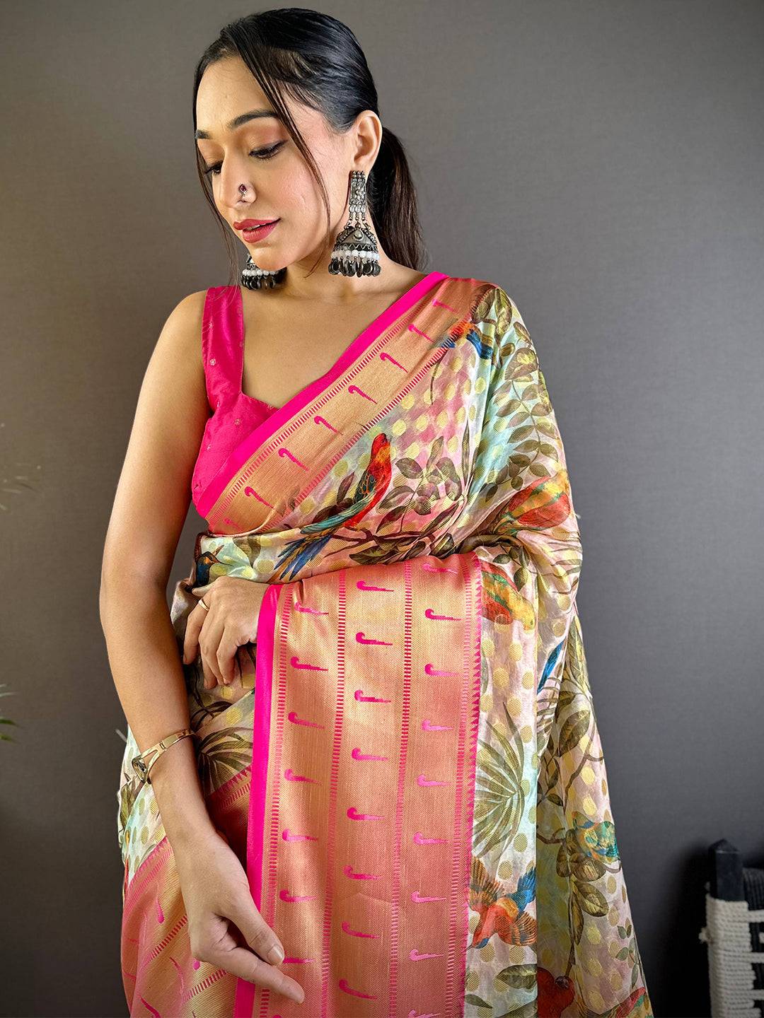 Tan Floral Paithani Kora Silk Saree by My Store
