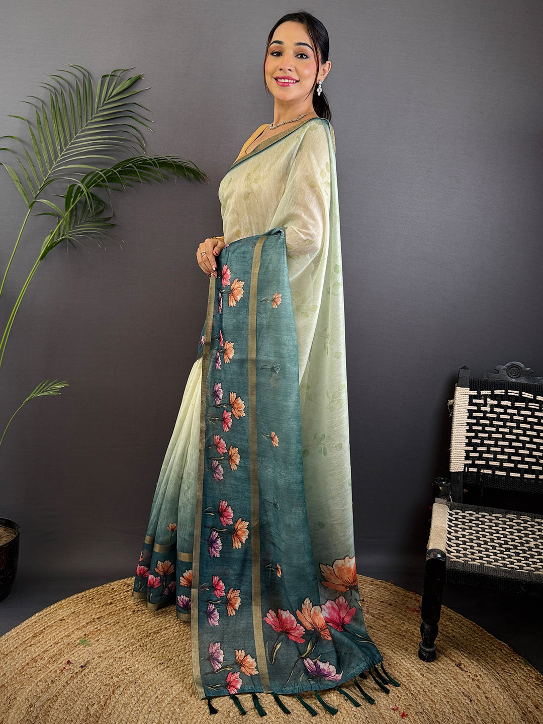 Teal Blue Linen Chanderi Floral Print Saree by My Store