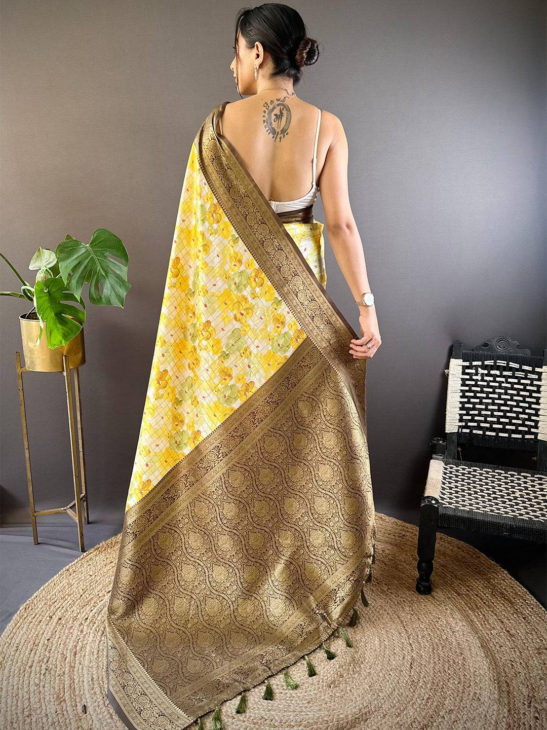 Sunshine Yellow Floral Saree by My Store