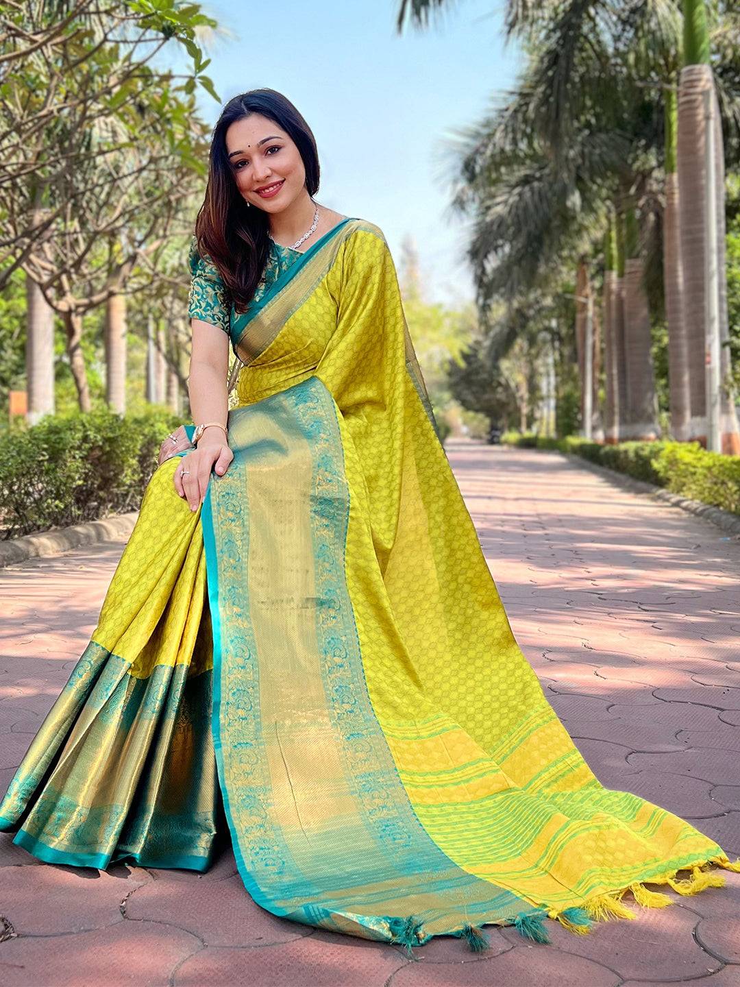 Lime Colour Kanjivaram Aura Soft Silk Saree With Broced Zari Blouse by My Store