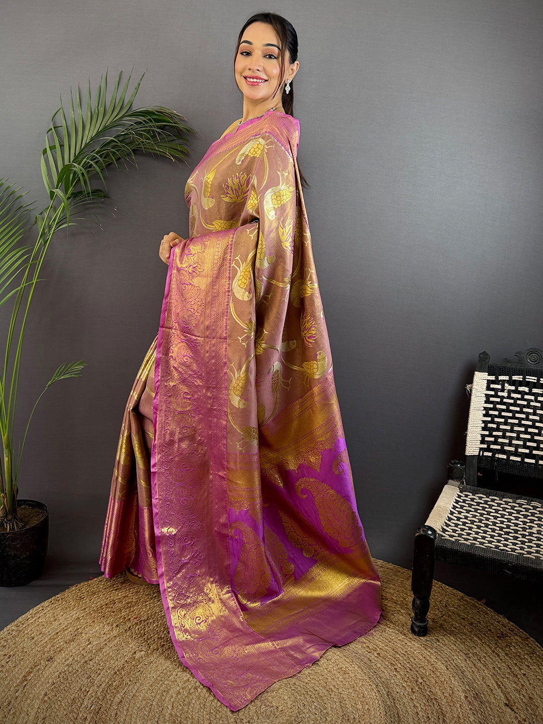 Light Wine Dharmavaram Gold Birds Print Saree by My Store