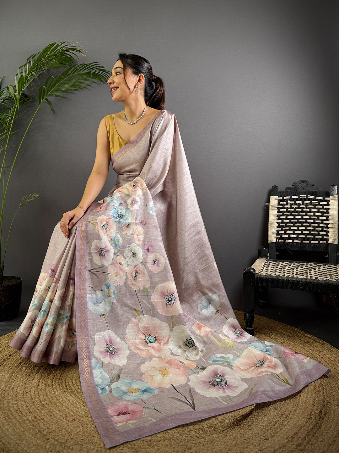 Light Purple Tussar Ghicha Silk Saree by My Store